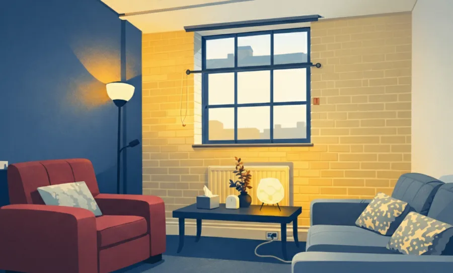 Illustration of a consulting room at The Minster Centre, with an armchair, a sofa, a low table and a window
