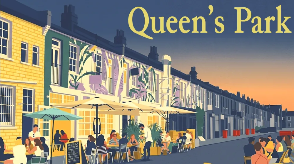 Illustration of Queen's Park at dusk: a terrace of houses with people sitting at tables outside